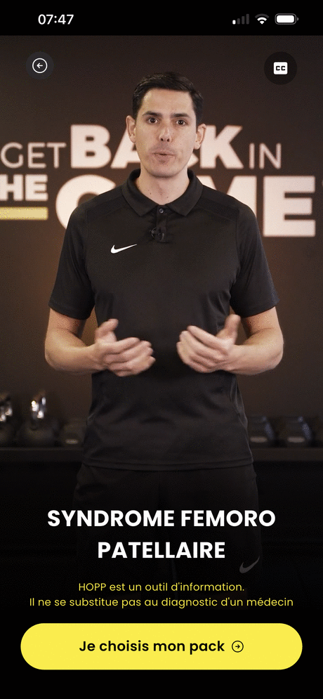 Écran vidéo d'explication de la blessure par un kiné du sport dans l'application HOPP