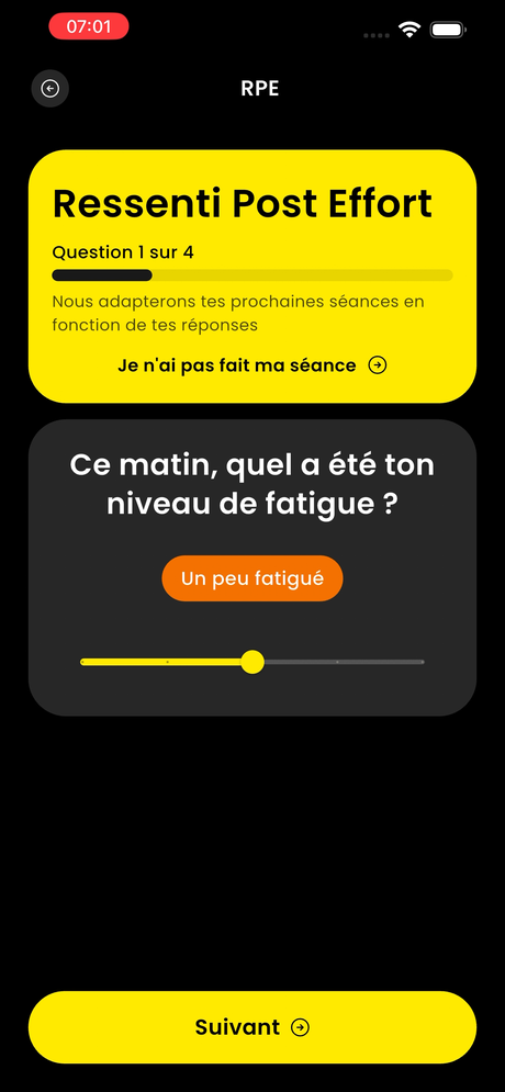 Écran de ressenti post-effort quotidien dans l'application HOPP